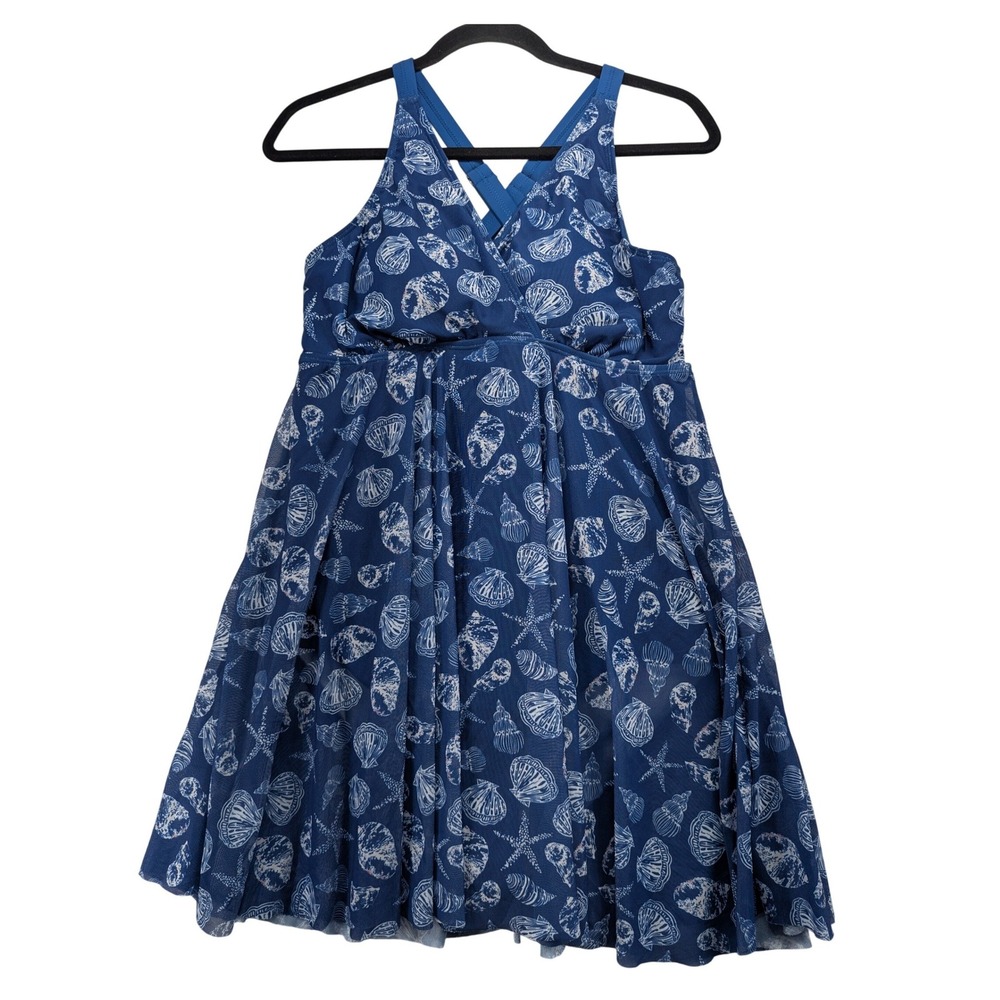 BloomChic Blue Seashell Starfish Print Mesh Swim Dress One Piece Size 12 NWT
